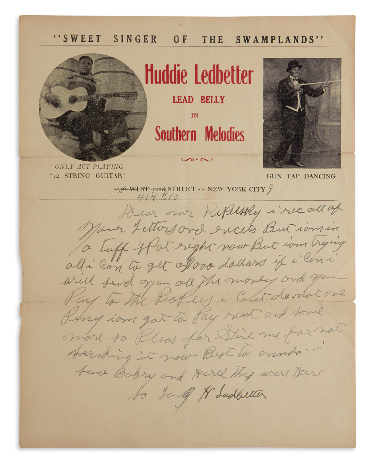 HUDDIE WILLIAM LEDBETTER (LEAD BELLY). Autograph Letter Signed, H Ledbetter, to Arkadey Replelski (Dear Mr. Repelsky),